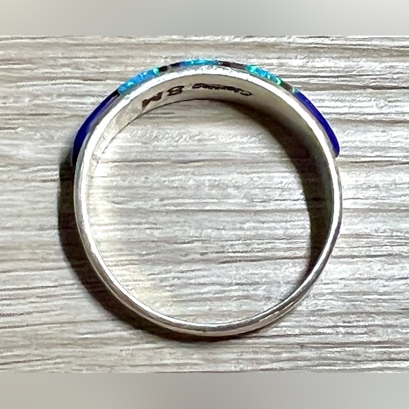 Native American Designer (8M) Sterling Silver Opal Lapis Onyx Inlay Band Ring - Picture 6 of 10